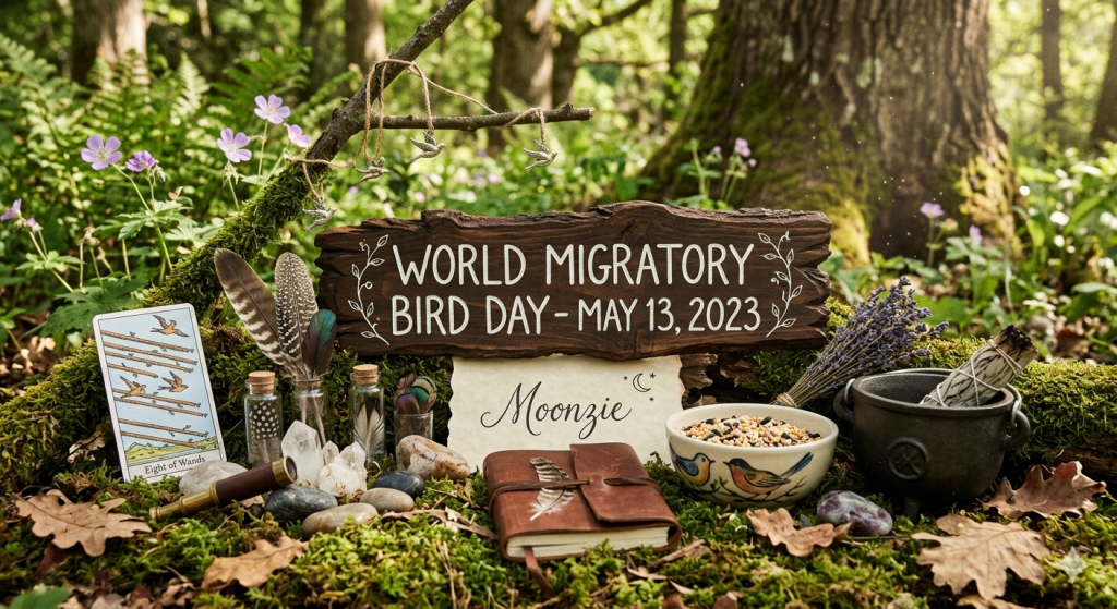 A whimsical woodland scene featuring a rustic wooden sign that reads "World Migratory Bird Day - May 13, 2023" alongside a tarot card, crystal vials of feathers, and birdseed in a bird-patterned bowl.