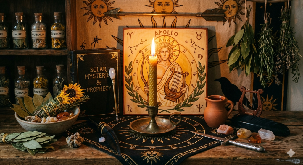 An atmospheric witch's altar dedicated to the Greek god Apollo, featuring a central lit beeswax candle in a brass holder, an illustrated wooden plaque of Apollo holding a lyre, and various occult tools. On a rustic wooden table, there are ceramic bowls filled with dried bay leaves, frankincense resin, and citrine crystals. Bunches of dried herbs hang in the background against a fabric tapestry adorned with golden sun motifs, astrology symbols, and an antique arrow.