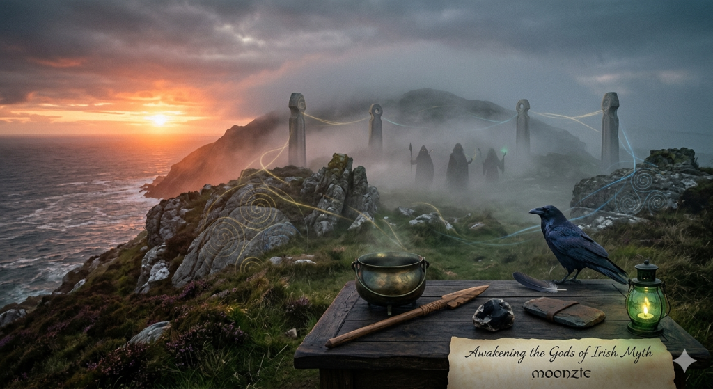 A witchy altar overlooking a misty Irish coastline at sunset, featuring a cauldron, spear, and stone, with a raven in the foreground and ghostly figures of the Tuatha Dé Danann materializing near ancient standing stones.