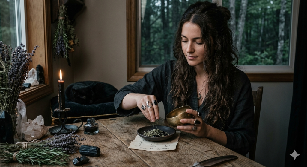 A woman with long, dark wavy hair wearing a black linen shirt sits at a rustic wooden table, preparing an herbal blend for a Black Moon ritual. On the table are crystals, a lit candle, lavender, a black cat sleeping in the background, and a piece of parchment dated May 19, 2023.