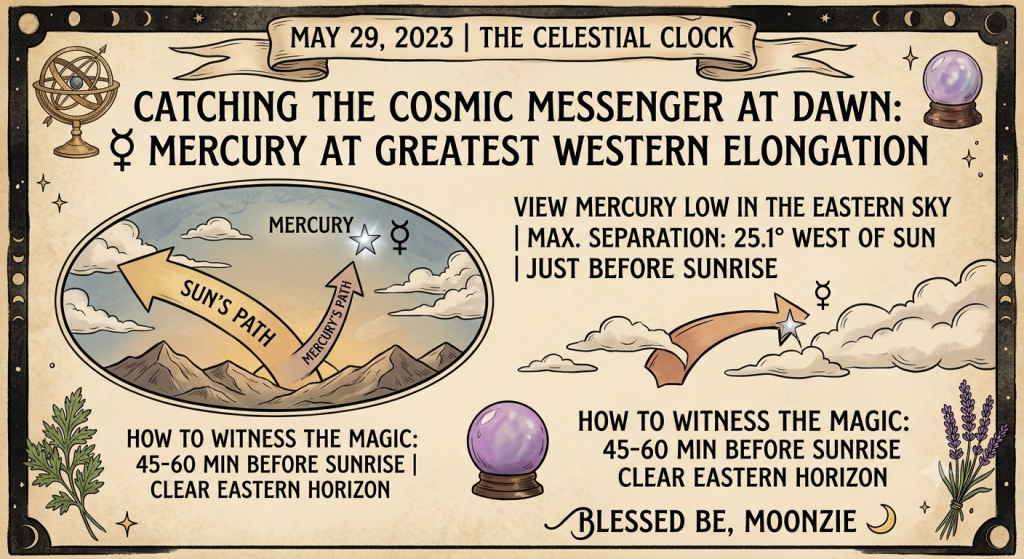 An astrological and witchy infographic titled "Catching the Cosmic Messenger at Dawn" on an aged parchment background. The graphic includes diagrams showing Mercury's path relative to the Sun's path above a mountain horizon, astronomical symbols, lavender and mugwort illustrations, an armillary sphere, and text detailing viewing instructions for Mercury's Greatest Western Elongation on May 29, 2023.