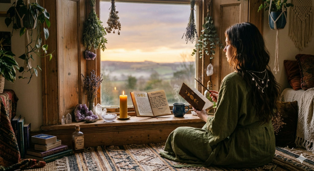 A woman with long dark hair sits cross-legged in a cozy, rustic room, looking out a large wooden window at a golden sunrise. She wears an olive green robe and holds an open journal with moon phases. The windowsill is adorned with burning candles, crystals, hanging dried herbs, and a steaming mug, creating a mystical, witchy atmosphere.