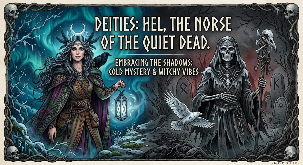 A split-screen digital illustration of the Norse goddess Hel, framed by a dark, thorny border with skulls. The left side features a living, serene woman with dark hair under a crescent moon crown, holding a lantern against a backdrop of glowing cyan aurora borealis. The right side shows a skeletal figure in tattered dark robes, holding a staff topped with a bird skull and keys, set in a bleak graveyard with runes. Central runes and stylized text read "DEITIES: HEL, THE NORSE OF THE QUIET DEAD."