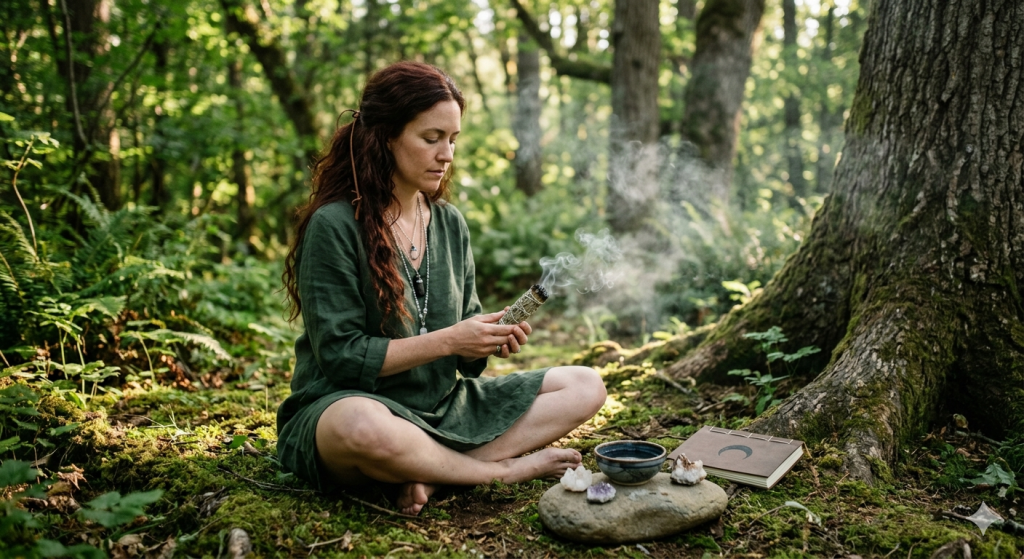 A woman with long wavy brown hair sits barefoot in a lush, mossy forest, holding a smoking herb bundle for a cleansing ritual next to a large tree.
