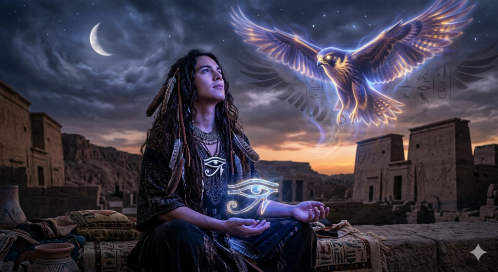 A modern practitioner with long dark hair sits in a meditative pose amidst ancient Egyptian ruins at dusk. A glowing neon Eye of Horus floats above their open palms, while a spectral, illuminated golden falcon with outstretched wings soars in the starry night sky next to a crescent moon.