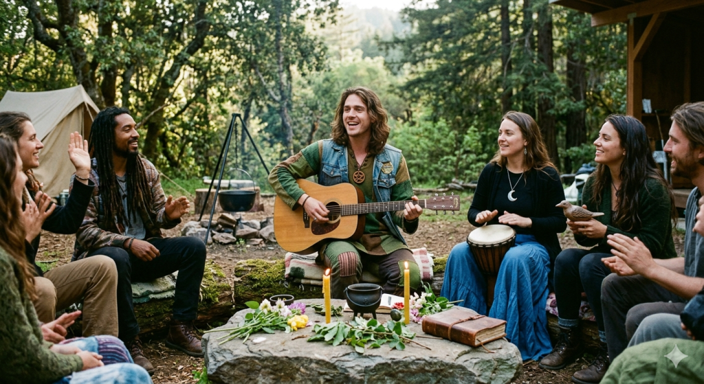 A joyful gathering of people in a lush forest clearing sitting around a stone altar, with a long-haired man in a patchwork vest playing an acoustic guitar and singing.