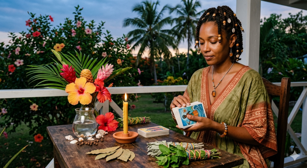 A woman with braided hair holding a tarot deck at a wooden altar table on a porch at dusk, surrounded by tropical hibiscus flowers, a lit candle, a glass of water, and bundles of fresh herbs, with palm trees in the background.
