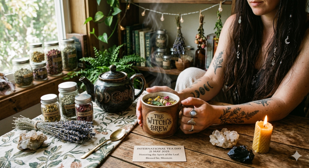A cozy, rustic table setting featuring a person with arm tattoos holding a steaming ceramic mug that reads "The Witch's Brew" filled with chamomile and rose petals. On the wooden table are jars of dried herbs, a black teapot with gold moon phases, a lit beeswax candle, clear quartz crystals, a bundle of dried lavender, and a small printed card reading "International Tea Day 21 May 2025, Honoring the Spirit of the Leaf. Blessed be, Moonzie."