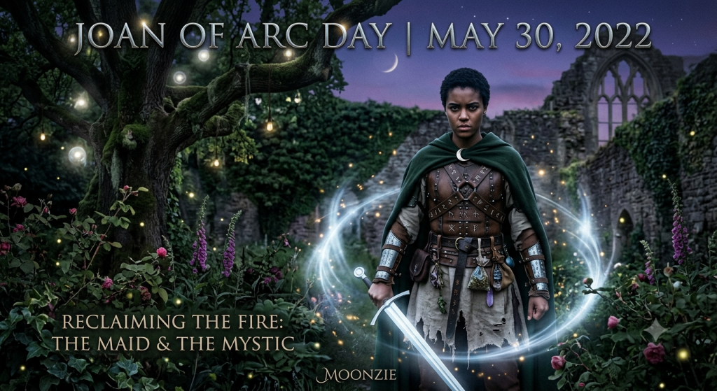 A determined young woman with short hair stands in a mystical, overgrown stone ruin at twilight, wearing leather armor inscribed with runes and a dark green cloak with a crescent moon clasp. She holds a glowing silver sword while surrounded by swirling ethereal light, wild foxgloves, roses, and a large, ancient tree filled with glowing orbs. The text reads "Joan of Arc Day | May 30, 2022" and "Reclaiming the Fire: The Maid & The Mystic" with the sign-off "Moonzie" at the bottom.