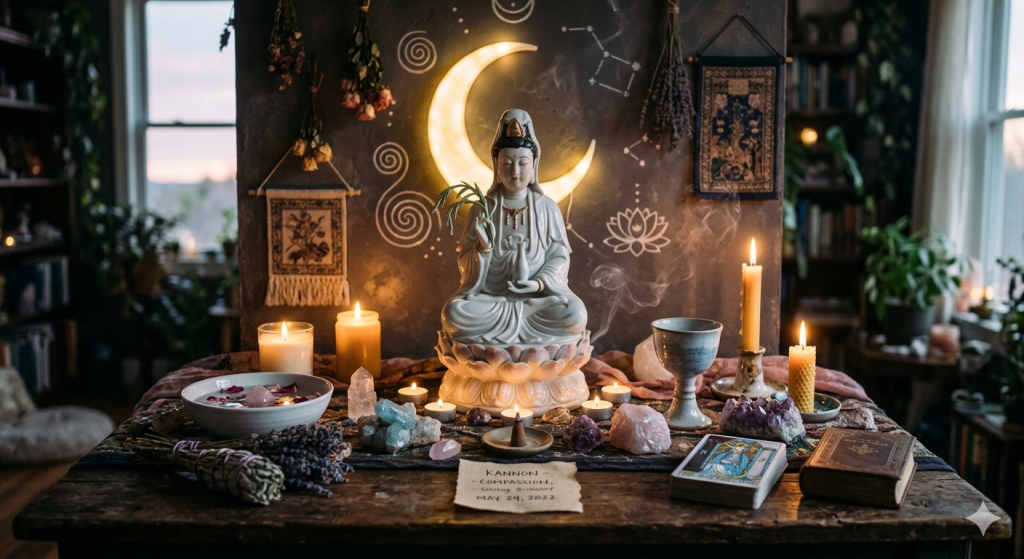 A beautifully detailed witchy altar centered around a serene white ceramic statue of Kannon, the Bodhisattva of Compassion, sitting on a lotus flower. The altar is illuminated by a glowing crescent moon background light, multiple burning candles, and curling incense smoke. It features a water scrying bowl filled with crystals, a chalice, raw rose quartz and aquamarine gems, a tarot deck, and a small handwritten parchment note reading "Kannon - Compassion - May 24, 2022".