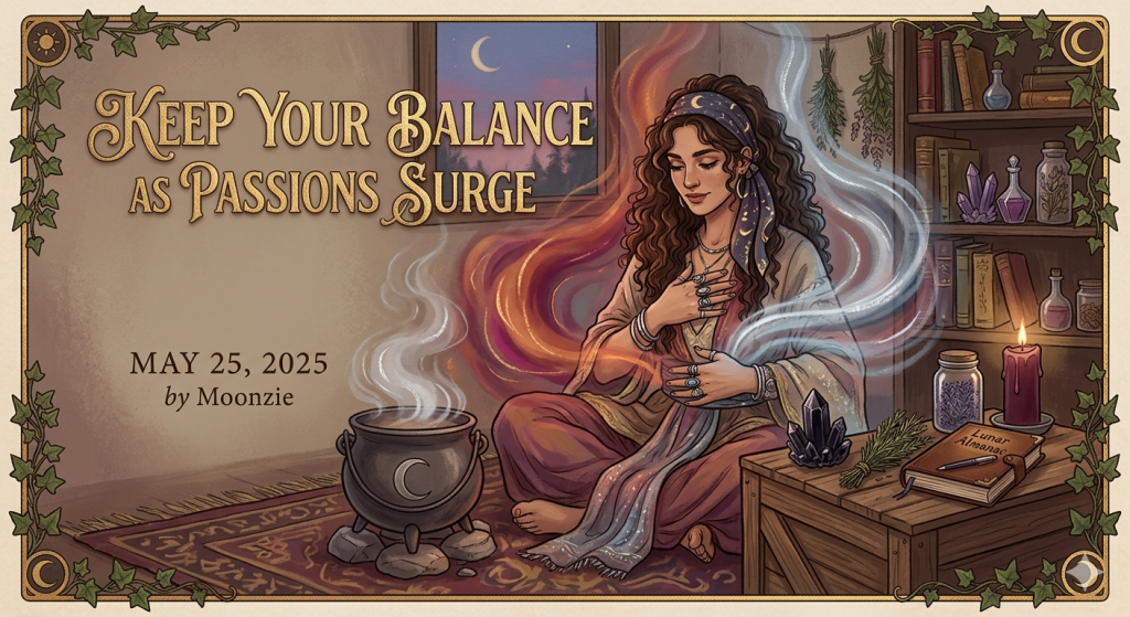 An illustrated web article banner featuring a witchy, bohemian woman with long curly hair and a celestial headscarf sitting cross-legged on a rug. She holds her hands near her heart and a bowl, balancing swirling streams of fiery orange and cool blue energy. To her left is a steaming cauldron, and to her right is a wooden crate with crystals, herbs, and a journal. The left side of the image features the stylized text 'Keep Your Balance as Passions Surge' and 'May 25, 2025 by Moonzie' within a decorative ivy-lined border.