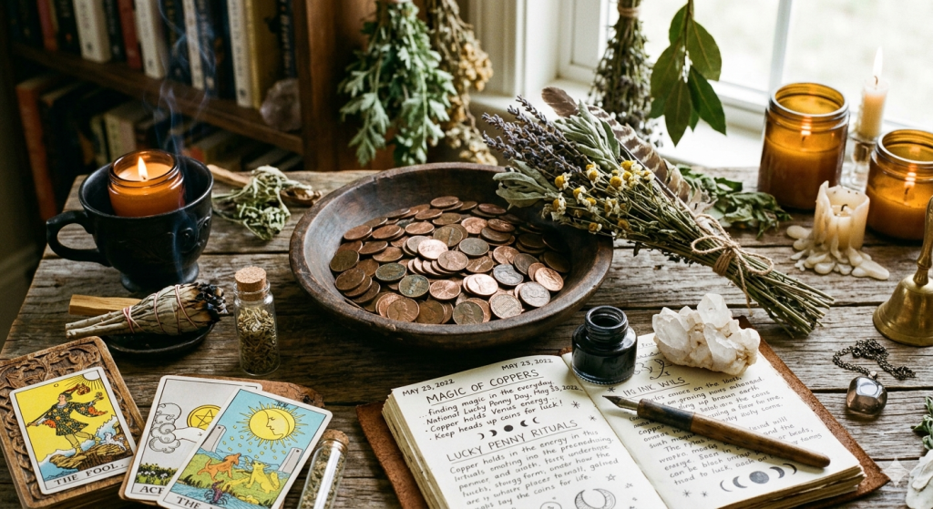 A rustic wooden altar table featuring a central wooden bowl filled with copper pennies, an open grimoire with handwritten spells dated May 23, 2022, tarot cards including The Fool, dried herbs, and burning candles.