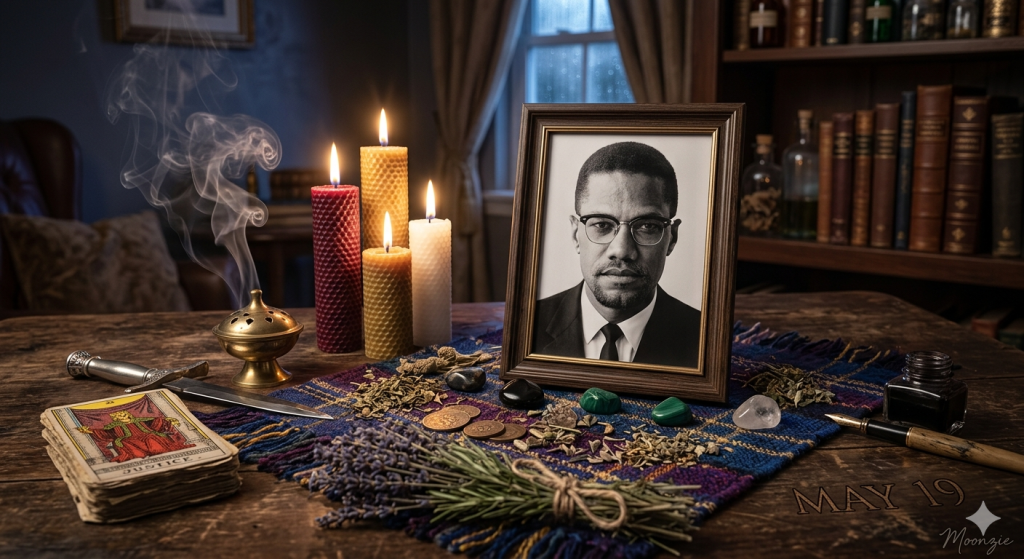 A respectful, witchy memorial altar on a rustic wooden table honoring Malcolm X's birthday. In the center is a framed black-and-white portrait of Malcolm X wearing glasses and a suit. Surrounding the frame are four burning beeswax candles in crimson, gold, and white, a smoking brass censer, a deck of tarot cards showing the Justice card, dried lavender and rosemary bundles, loose botanical herbs, polished crystals, old coins, an inkwell with a fountain pen, and a ritual dagger resting on a plaid cloth. The text "MAY 19" and a "Moonzie" watermark are subtly visible on the bottom right corner.