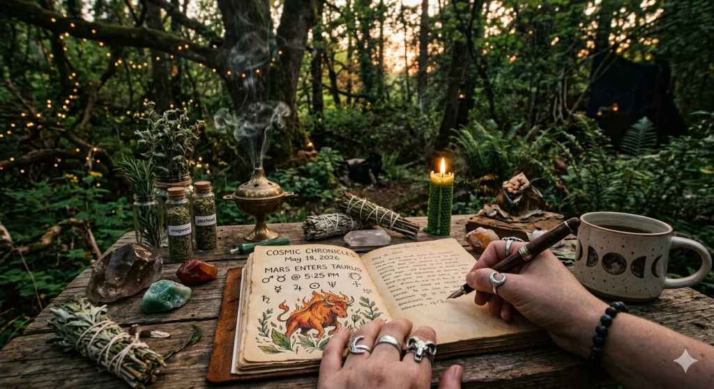 First-person view of hands writing in an open leather journal on a rustic wooden table in an enchanted forest. The journal shows a drawing of a flaming bull and astrological symbols for Mars and Taurus. The table is arranged with crystals, jars of dried herbs, a burning green candle, a smoking incense burner, and a moon phase mug.