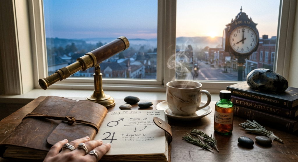 A cozy morning desk setup next to a window overlooking a misty sunrise. On the wooden desk, an open leather journal displays the date "May 28, 2025" and drawn astrological symbols for Mars and Jupiter. Beside it sits a steaming marble mug, a brass vintage telescope, a small green bottle labeled "Cosmic Momentum," dried herbs, and a stack of books including "Kitchen Witchcraft." Outside the window, a vintage street clock shows exactly 8:00 AM.