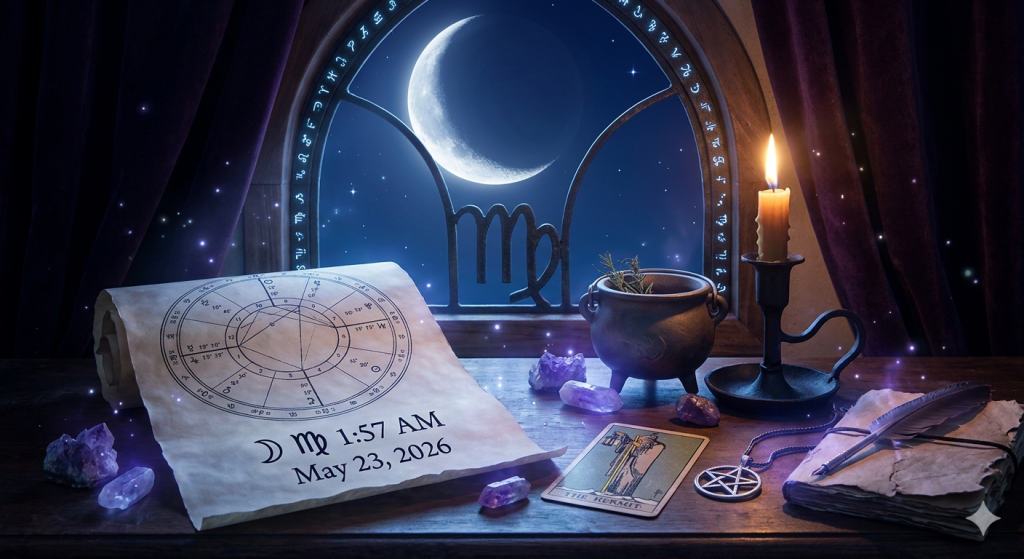 A moody, high-contrast photograph of a witch's altar table at night, featuring an open astrological scroll with "☽ ♍ 1:57 AM May 23, 2026" written on it. An open arched window reveals a crescent moon and a dark starry sky, framed by heavy purple curtains. Amethyst crystals, a small cauldron, a single burning candle, a tarot card, and a leather-bound journal with a feather quill are neatly arranged on the dark wooden surface.