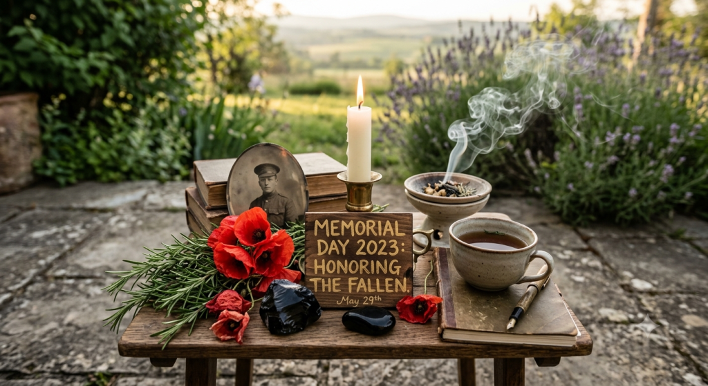 An outdoor, witchy Memorial Day altar on a wooden bench, featuring a lit white candle, blooming red poppies, fresh rosemary sprigs, polished black obsidian stones, and a steaming cup of herbal tea. A small wooden sign reads, "Memorial Day 2023: Honoring the Fallen. May 29th." In the background, a vintage black-and-white photograph of a soldier rests against old books, with a soft-focus view of a lavender garden and a green landscape at dusk.