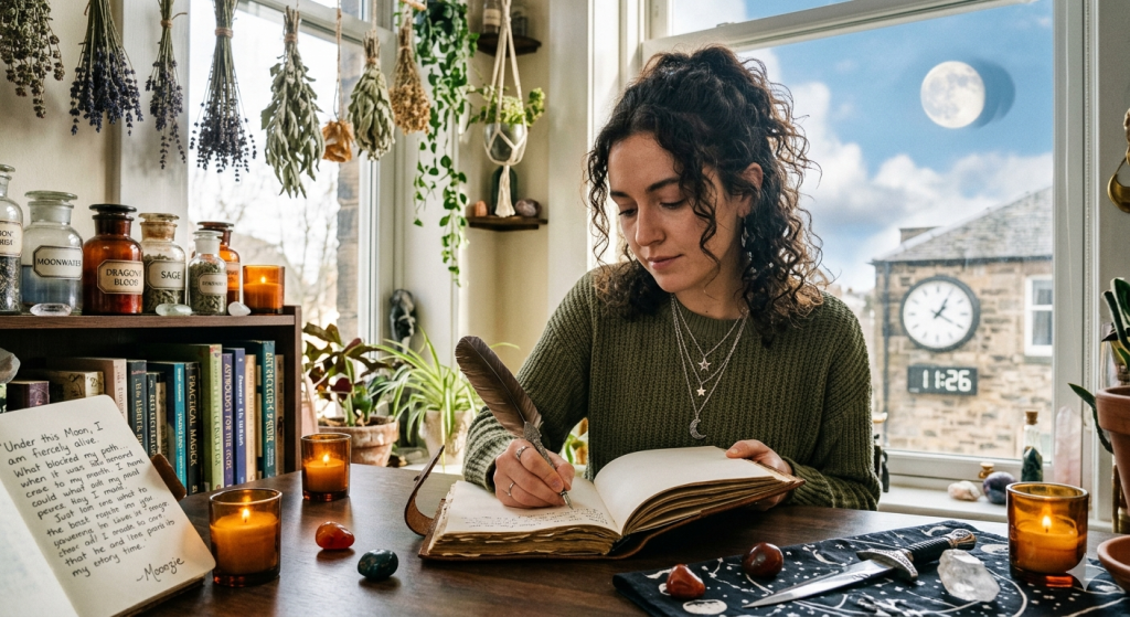 A woman with curly hair sits at a wooden table in a sunlit room filled with hanging dried herbs, writing with a quill in a leather journal. On the table are amber candles, carnelian stones, and an open grimoire signed "- Moonzie". Through the window, a large full moon is visible in the daytime sky next to a clock tower showing 11:26.