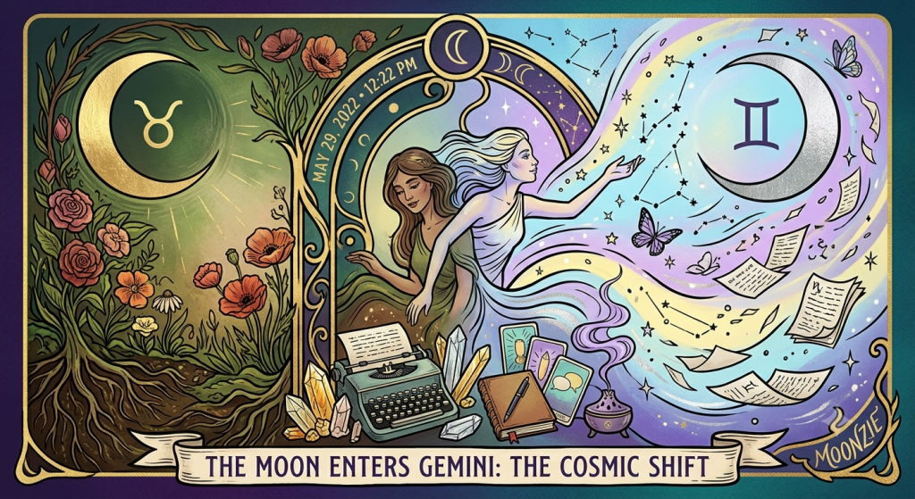 An intricate, Art Nouveau-styled illustration titled "The Moon Enters Gemini: The Cosmic Shift" depicting the astrological transition from Taurus to Gemini on May 29, 2022, at 12:22 PM. The left side features earthy Taurus elements with roots, roses, and a golden crescent moon. The right side bursts into airy Gemini energy with a silver crescent moon, swirling constellations, butterflies, floating pages, and twin figures. In the center are a vintage typewriter, crystals, tarot cards, and a smoking incense burner, with the name "Moonzie" in the bottom right corner.
