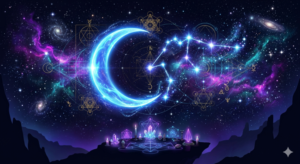 A vibrant cosmic night sky featuring a glowing blue crescent moon intertwined with the Aquarius star constellation, shimmering sacred geometry overlays, and a glowing crystal altar set upon a silhouetted clifftop.
