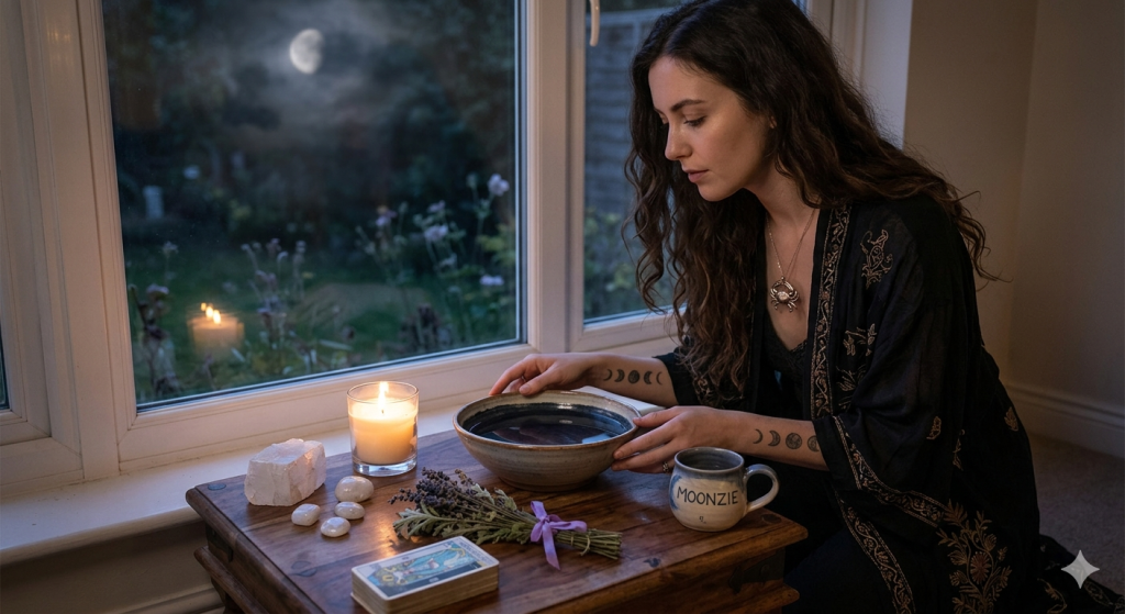 A cozy, witchy night scene featuring a woman with moon phase tattoos performing a water scrying ritual by a window under a glowing full moon.