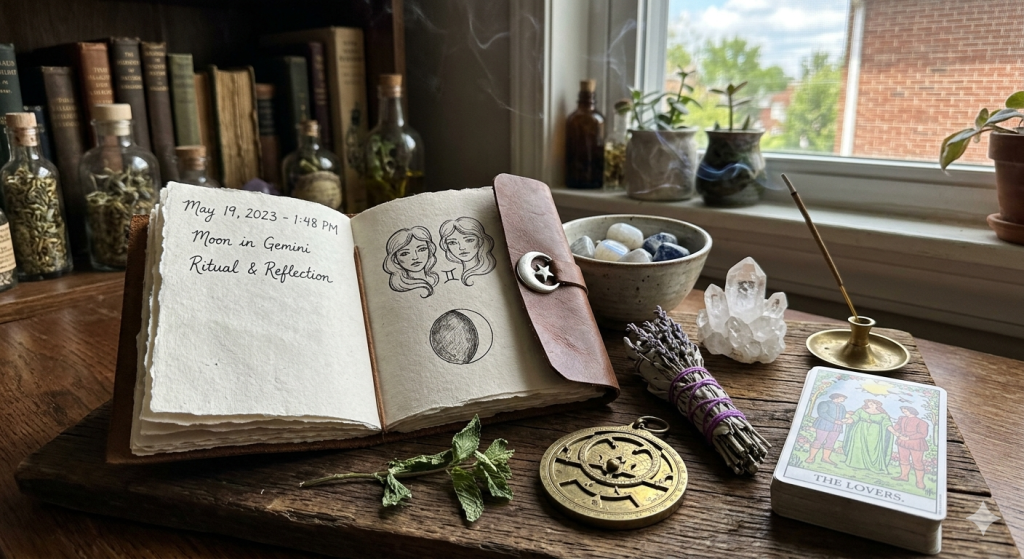 A cozy witchy altar setup featuring an open leather journal with handwritten text and sketches of Gemini twins and a moon phase. Surrounding it are a tarot card of The Lovers, crystals, burning incense, a lavender bundle, and a brass astrolabe on a rustic wooden table by a window.