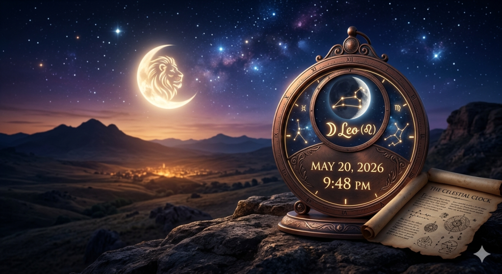 An ornate antique bronze celestial clock sitting on a rocky hill at night, displaying the date May 20, 2026, and time 9:48 PM, with the Leo constellation glowing inside it. In the starry twilight background, a bright crescent moon features the subtle silhouette of a lion's head.