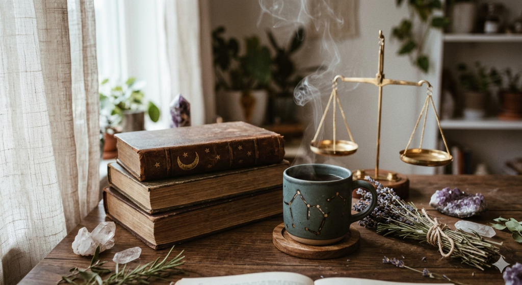 A cozy witchy workspace featuring a stack of vintage leather books with gold crescent moon and star details, a steaming teal ceramic mug adorned with constellations, a bundle of dried lavender and rosemary, loose crystals, and an antique brass balance scale on a wooden table by a window.
