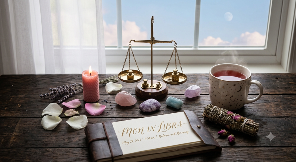 A cozy, witchy altar setup on a dark wooden table by a window, featuring a brass balance scale, tumbled crystals like rose quartz, a pink beeswax candle, dried lavender, and a steaming mug of tea. An open leather journal reads 'Moon in Libra, May 29, 2023.' A faint moon is visible in the bright morning sky outside.