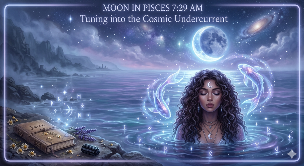A mystical woman with long curly hair meditates in a luminous ocean beneath a large crescent moon, flanked by two glowing celestial koi fish representing Pisces, with a vintage journal, lavender, and chamomile on the rocky shore.