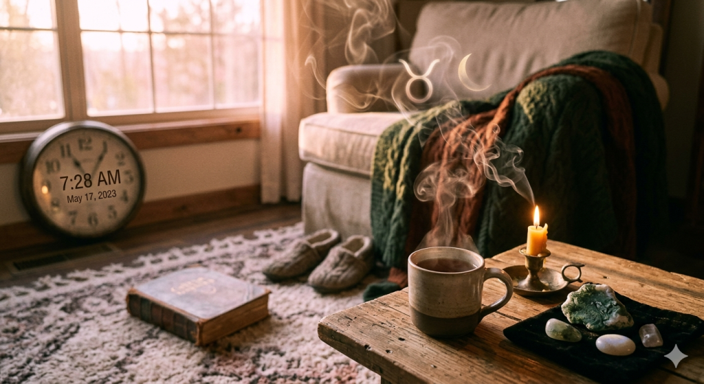 A cozy, sunlit living room with a rustic wooden table in the foreground holding a steaming mug of tea, a lit beeswax candle in a brass holder, and a collection of green and white crystals on a black cloth. In the background, a soft armchair is draped with a chunky green knit blanket next to a window with warm morning light. On the wall, an antique clock reads 7:28 AM, and faint, stylized astrological symbols for the Moon and Taurus are visible in the rising smoke.