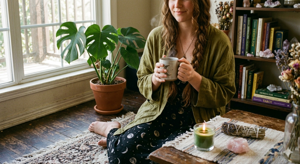 A cozy indoor scene of a woman sitting cross-legged on a rug, wearing a green cardigan and moon-patterned skirt, holding a steaming mug with a crescent moon design. In the foreground, a low table holds a lit green candle, crystals, and a rosemary smudge bundle. A monstera plant and a bookshelf filled with tarot and herbalism books are in the background.