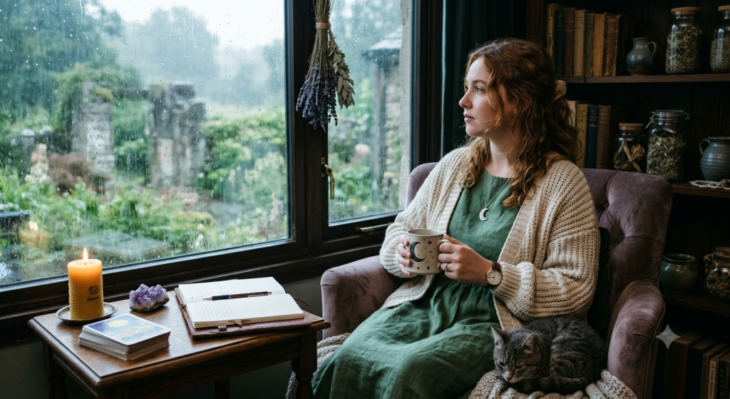 A cozy indoor scene of a woman wearing a crescent moon necklace, sitting by a rainy window holding a celestial mug. On a wooden table beside her sits a beeswax candle with a Cancer zodiac symbol, a raw amethyst crystal, an open journal, and a deck of tarot cards, creating a cozy witchy atmosphere for a lunar transit.