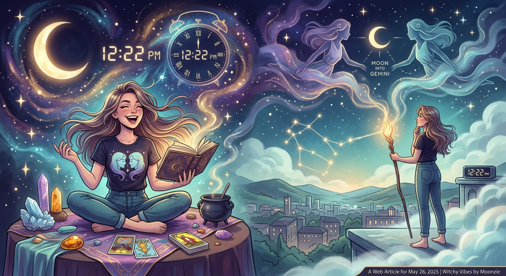 A colorful, cosmic digital illustration of two modern witches experiencing a magical transition, featuring a crescent moon, Gemini constellation, tarot cards, and multiple digital and analog clocks displaying 12:22 PM.
