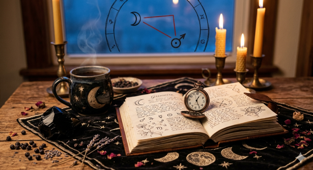 A witchy altar setup featuring an open grimoire, a vintage pocket watch showing 5:05, a steaming crescent moon mug, an obsidian crystal, and candles, with an astrological chart faintly visible on the window in the background.