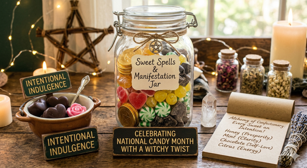 A rustic wooden table setup featuring a large glass "Sweet Spells & Manifestation Jar" filled with colorful candies, gold foil coins, and heart gummies. Surrounding the jar are lit candles, small herb vials, a crystal quartz point, a twig pentagram, a small cauldron of chocolate hearts labeled "Intentional Indulgence," and a handwritten parchment note outlining the spiritual intentions of different sweets.