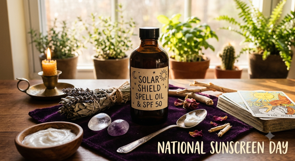 An amber glass apothecary bottle labeled 'Solar Shield Spell Oil & SPF 50' sits on a purple cloth alongside a tarot card of The Sun, crystals, a lit candle, and white sunscreen cream, with sunlit potted plants in the background.