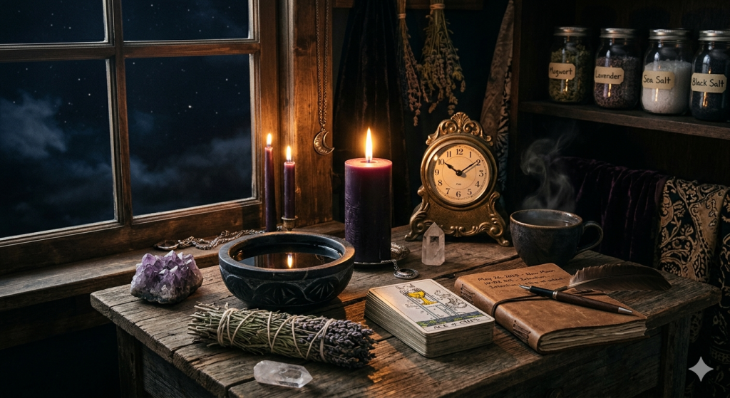 A rustic wooden witch’s altar table by a window at night, featuring lit purple candles, an antique brass clock set to 10:02, a tarot card deck showing the Ace of Cups, a crystal cluster, an herbal bundle, and jars of magical ingredients under a dark starry sky.