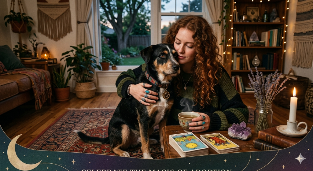 A cozy, witchy room where a woman with curly red hair gently hugs a medium-sized black and tan rescue dog. On the wooden table in front of them sits a tarot deck, a glowing white candle, an amethyst crystal cluster, and a steaming mug of tea.