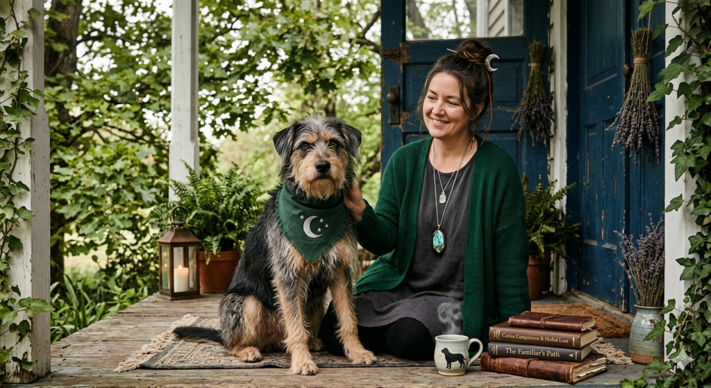 A smiling woman in a green cardigan sits on a rustic wooden porch next to a scruffy, medium-sized rescue dog wearing a dark green bandana embroidered with a crescent moon and stars.