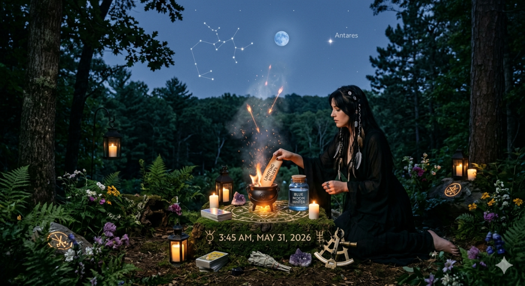 A witch in a dark forest performing a Full Moon ritual with a cauldron, tarot cards, and a jar labeled Blue Moon Water under a Sagittarius constellation night sky.