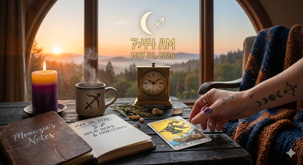 A cozy, witchy morning altar setup by a window overlooking a misty forest sunrise. On a rustic wooden table rests a steaming mug with a Sagittarius symbol, an open journal reading "May 30, 2026: Wild Hope & Horizons," a purple and yellow pillar candle, and a hand reaching toward The Fool tarot card. In the center, digital text displays "7:44 AM, May 30, 2026" below a crescent moon and Sagittarius astrological glyph.