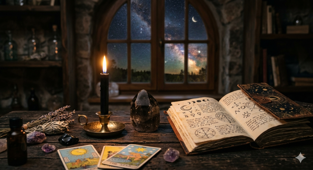 A cozy, rustic witch's altar table with an open grimoire, a lit black candle in a brass holder, a smoky quartz crystal, tarot cards, and dried lavender, set against a wooden window showing a vibrant starry night sky and crescent moon.