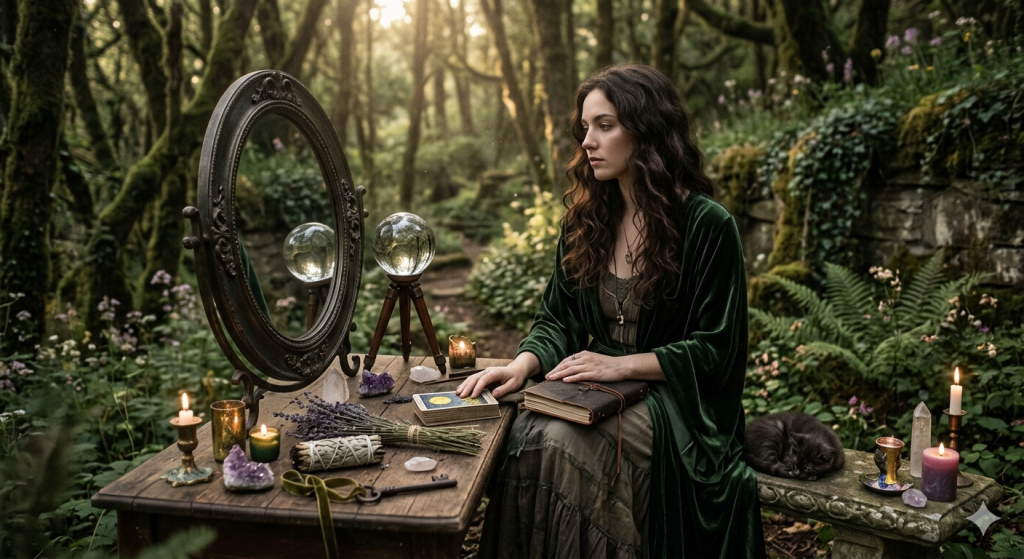 A woman with long wavy hair wearing a green velvet robe sits at a dark wooden desk in a candle-lit library, staring thoughtfully past a large antique oval mirror that reflects a crystal ball and her own image.