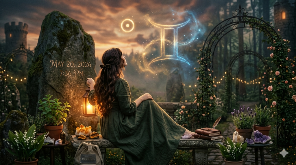 A woman with long wavy brown hair wearing a green dress sits on a stone bench in an enchanted twilight garden. She holds a glowing lantern and looks up at a glowing golden Sun glyph and a shimmering blue Gemini zodiac symbol in the evening sky. The text 'May 20, 2026 7:36 PM' is faintly visible on a large mossy standing stone beside her.