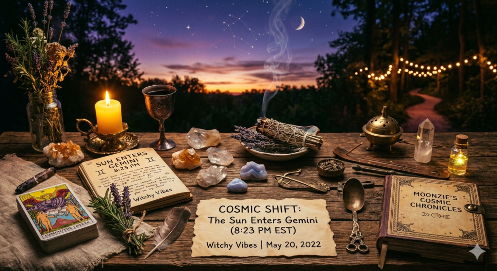 A witchy altar setup on a rustic wooden table outdoors at dusk, featuring a lit candle, crystals, tarot cards, an open grimoire, and a parchment sign that reads "COSMIC SHIFT: The Sun Enters Gemini (8:23 PM EST)".