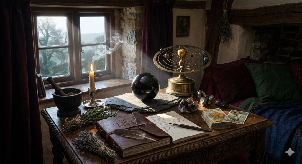 A moody, early morning witchcraft altar bathed in dramatic sunlight from a nearby window. On the dark wooden table sits an open leather journal titled "The Celestial Ledger," an ornate brass orrery showing the sun and planets, a polished black obsidian sphere resting on raw slate, a deck of tarot cards, a smoking beeswax candle, and bundles of dried rosemary and lavender.