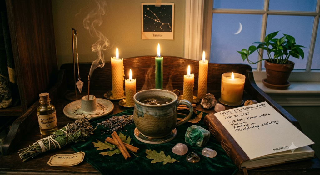 A cozy, dimly lit witch's altar on a wooden desk featuring a steaming ceramic mug of tea, burning green and beeswax candles, crystals, a bundle of dried herbs, and an open journal dated May 27, 2022, with a crescent moon visible through a window in the background.