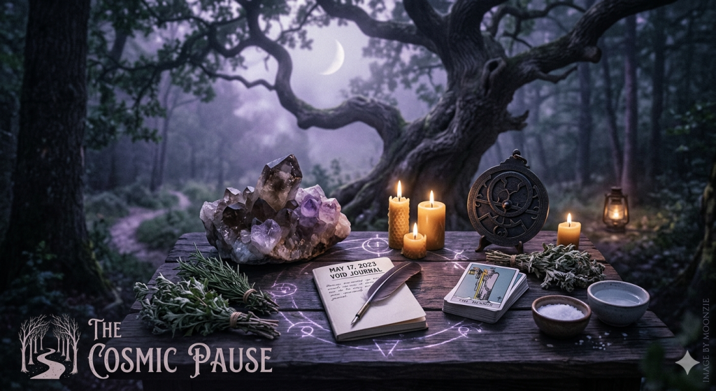 A rustic wooden table in a misty, enchanted twilight forest under a crescent moon. On the table sits a large cluster of amethyst and smoky quartz crystals, burning beeswax candles, an open journal reading "May 17, 2023 Void Journal" with a quill, a deck of tarot cards, bundles of dried rosemary and sage, an astrolabe, and small bowls of salt and water. Text in the bottom left corner reads "The Cosmic Pause" with a woodland path logo.
