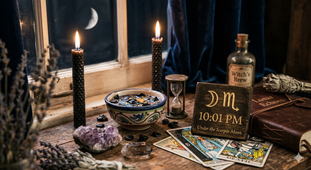 A cozy, witchy altar setup on a rustic wooden windowsill at night. Two burning black beeswax candles frame a small wooden sign that reads "☽♏ 10:01 PM Under the Scorpio Moon" in gold lettering. On the sill, a ceramic bowl sits next to scattered crystals, tarot cards (including Death and The High Priestess), an hourglass, a leather-bound journal, and a small glass bottle labeled "Witch's Brew." A crescent moon is visible through the windowpane in the dark sky.